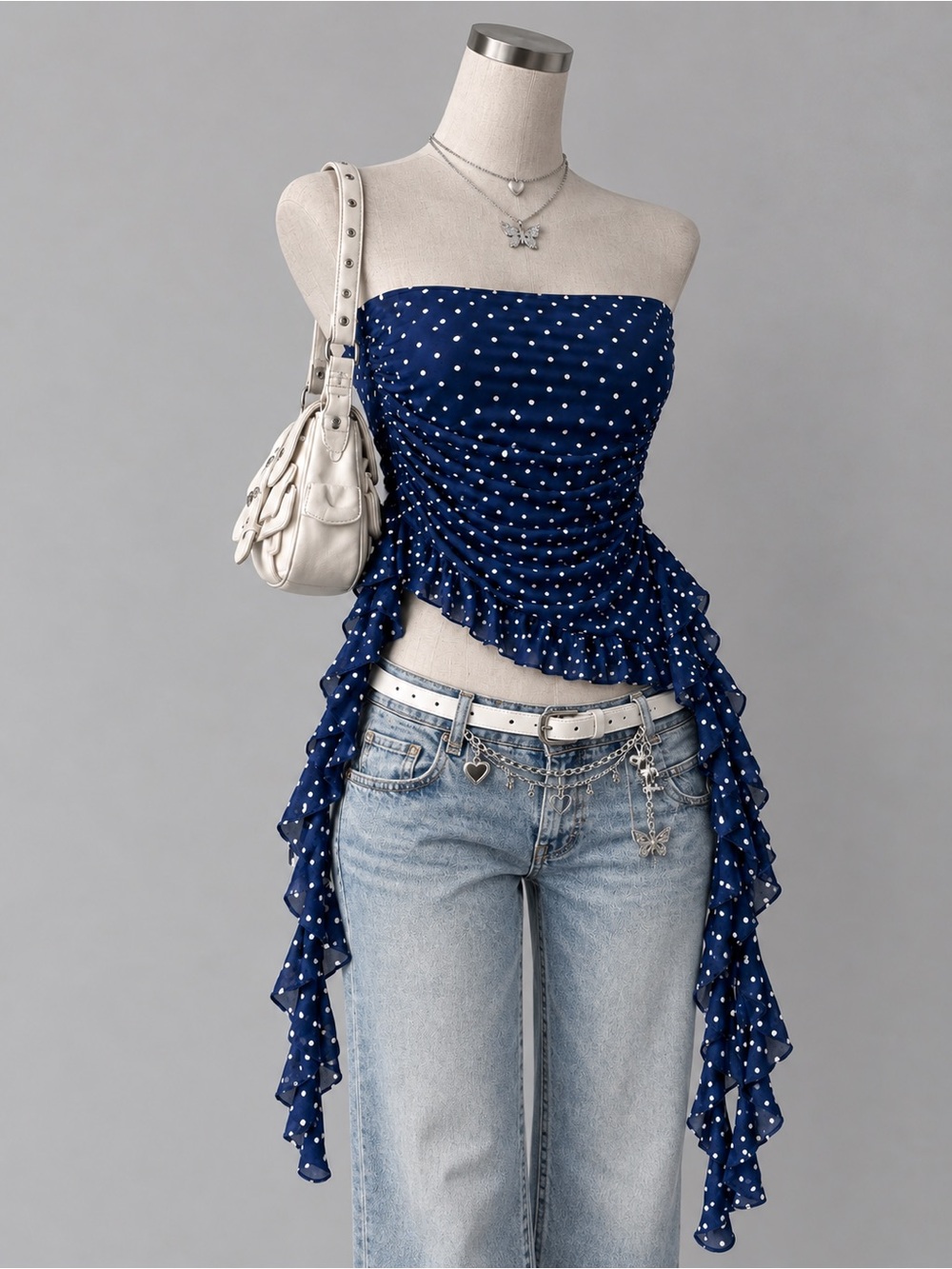 Women’s Navy Polka Dot Asymmetric Ruffle Camisole